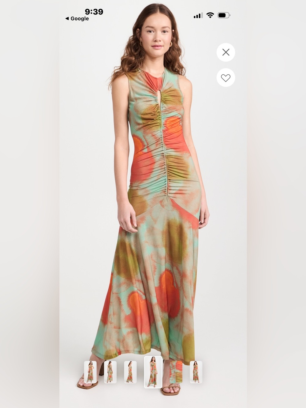 Ulla Johnson Sleeveless Ruched Maxi Dress in Coral, Mint and Olive